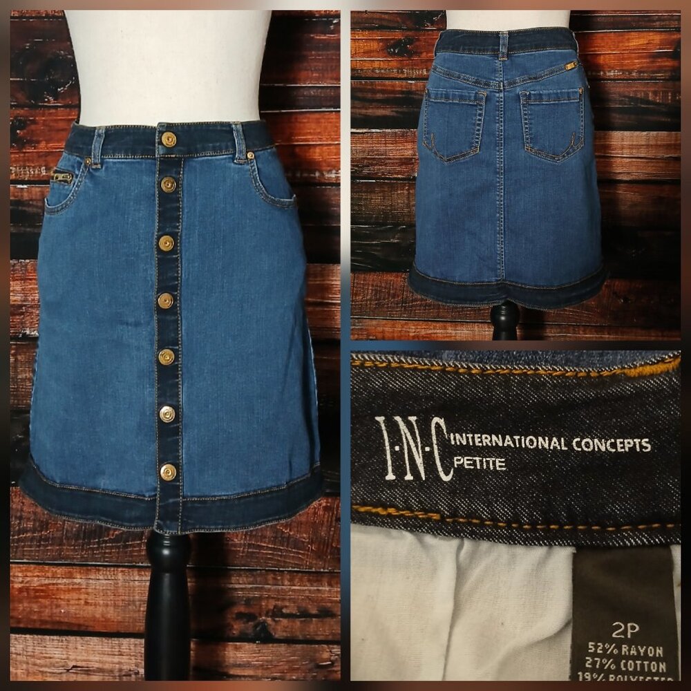 INC Denim International Concepts Mini Jean Skirt 2 Petite Snap Front Stretch
